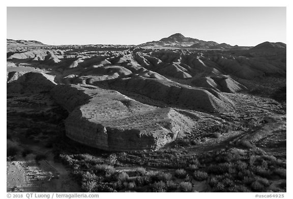 Aerial view of riparian area and hills, Afton Canyon. Mojave Trails National Monument, California, USA (black and white)