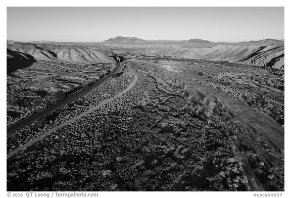 Aerial view of After Canyon with road and railroad. Mojave Trails National Monument, California, USA (black and white)