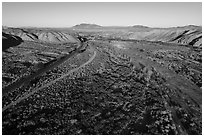 Aerial view of After Canyon with road and railroad. Mojave Trails National Monument, California, USA ( black and white)