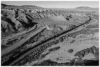 Aerial view of train in Afton Canyon. Mojave Trails National Monument, California, USA ( black and white)