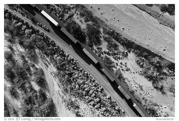 Aerial view of train looking down. Mojave Trails National Monument, California, USA (black and white)