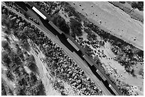 Aerial view of train looking down. Mojave Trails National Monument, California, USA ( black and white)