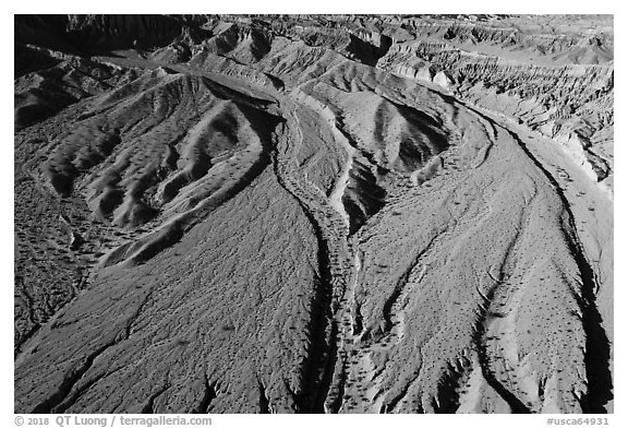 Aerial view of dry wash, Afton Canyon. Mojave Trails National Monument, California, USA (black and white)