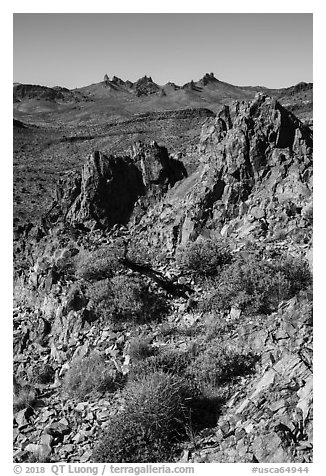 Looking at Castle Peaks from Castle Mountains. Castle Mountains National Monument, California, USA (black and white)