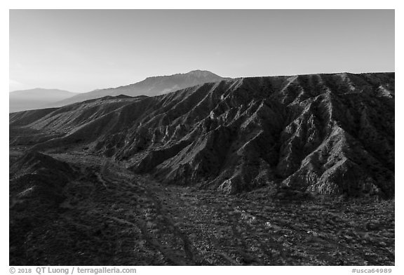 Aerial view of valley with San Jacinto Peak in the distance, Mission Creek Preserve. Sand to Snow National Monument, California, USA (black and white)