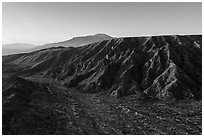 Aerial view of valley with San Jacinto Peak in the distance, Mission Creek Preserve. Sand to Snow National Monument, California, USA ( black and white)