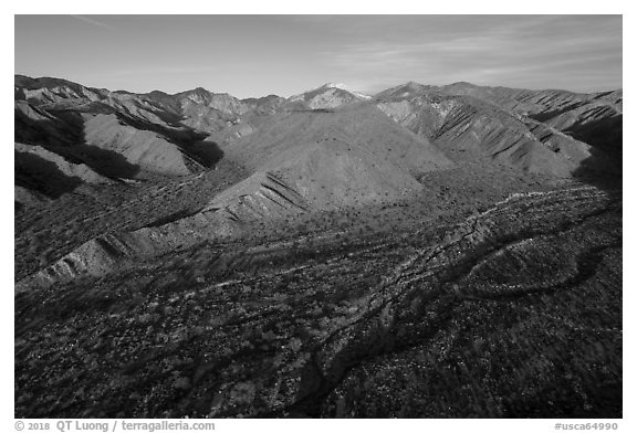 Aerial view of valley with San Gorgonio Mountain in the distance, Mission Creek Preserve. Sand to Snow National Monument, California, USA (black and white)