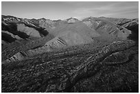 Aerial view of valley with San Gorgonio Mountain in the distance, Mission Creek Preserve. Sand to Snow National Monument, California, USA ( black and white)