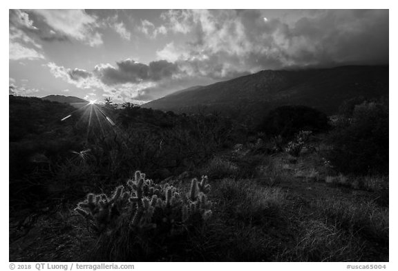 Sun rising and Santa Rosa Mountains. Santa Rosa and San Jacinto Mountains National Monument, California, USA (black and white)