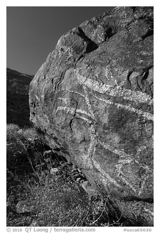 Striated boulder, Tahquitz Canyon, Palm Springs. Santa Rosa and San Jacinto Mountains National Monument, California, USA (black and white)