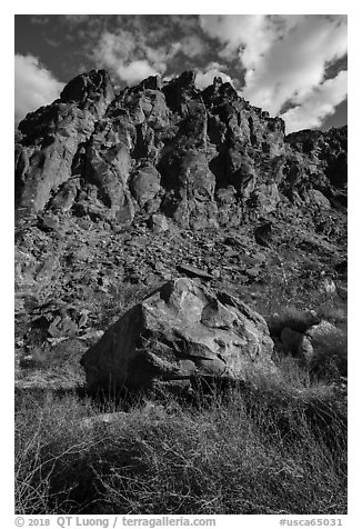 Boulder and canyon walls, Tahquitz Canyon, Palm Springs. Santa Rosa and San Jacinto Mountains National Monument, California, USA (black and white)