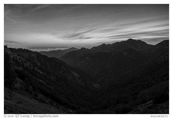 Mountains and distant Los Angeles Basin at sunset. San Gabriel Mountains National Monument, California, USA (black and white)