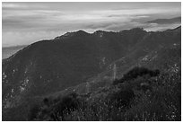 Mountains above low clouds from Mount Wilson. San Gabriel Mountains National Monument, California, USA ( black and white)