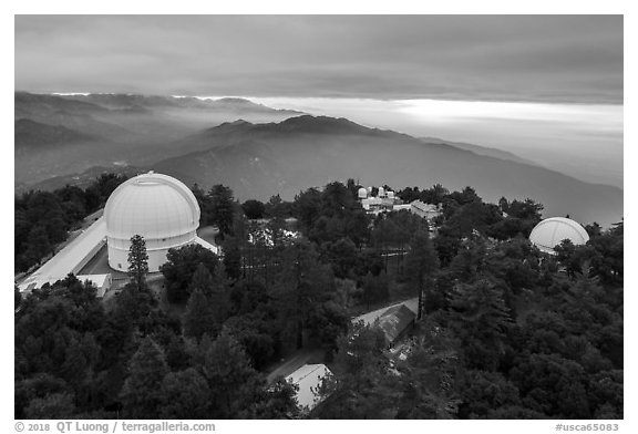 Aerial view of Mount Wilson observatory at sunrise. San Gabriel Mountains National Monument, California, USA (black and white)