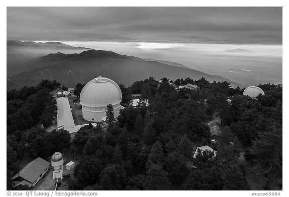 Aerial view of Mount Wilson observatory, mountains, and Los Angeles Basin. San Gabriel Mountains National Monument, California, USA (black and white)