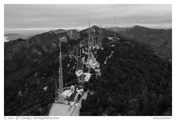 Aerial view of Mount Wilson Antenna farm. San Gabriel Mountains National Monument, California, USA (black and white)
