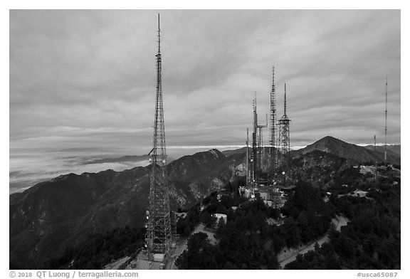 Aerial view of media transmitters on Mount Wilson. San Gabriel Mountains National Monument, California, USA (black and white)