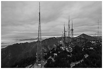 Aerial view of media transmitters on Mount Wilson. San Gabriel Mountains National Monument, California, USA ( black and white)