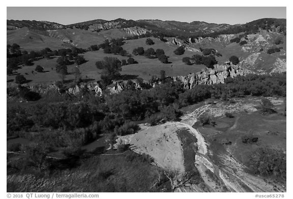 Aerial view of bluffs and hills, Cache Creek Wilderness. Berryessa Snow Mountain National Monument, California, USA (black and white)
