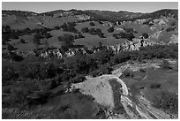 Aerial view of bluffs and hills, Cache Creek Wilderness. Berryessa Snow Mountain National Monument, California, USA ( black and white)