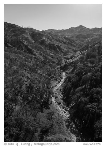 Aerial view of Cache Creek in spring. Berryessa Snow Mountain National Monument, California, USA (black and white)