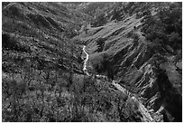 Aerial view of bluff and creek, Cache Creek Wilderness. Berryessa Snow Mountain National Monument, California, USA ( black and white)