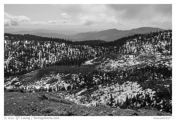 Slopes with snow from Snow Mountain summit. Berryessa Snow Mountain National Monument, California, USA (black and white)