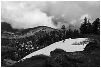 Snow patch and storm cloud near Snow Mountain summit. Berryessa Snow Mountain National Monument, California, USA ( black and white)