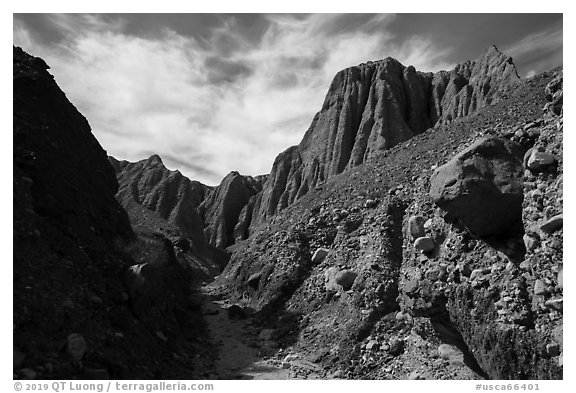 Conglomerate rock canyon and cliffs, Afton Canyon. Mojave Trails National Monument, California, USA (black and white)