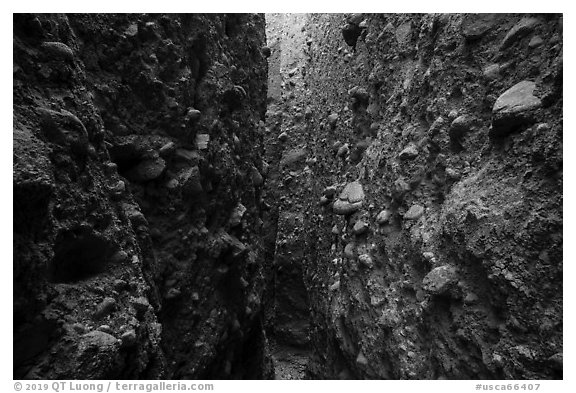Slot canyon with knobby rocks, Afton Canyon. Mojave Trails National Monument, California, USA (black and white)