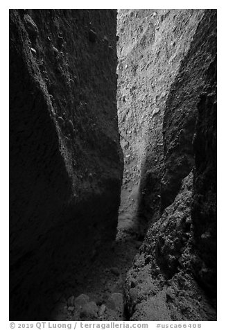 Slot canyon walls in sedimentary rocks. Mojave Trails National Monument, California, USA (black and white)