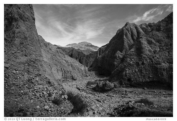 Desert wash in badlands, Afton Canyon. Mojave Trails National Monument, California, USA (black and white)