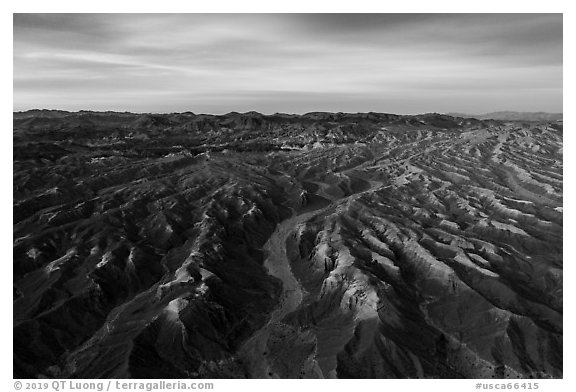 Aerial view of Afton Canyon badlands at sunrise. Mojave Trails National Monument, California, USA (black and white)