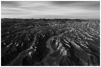 Aerial view of Afton Canyon badlands at sunrise. Mojave Trails National Monument, California, USA ( black and white)