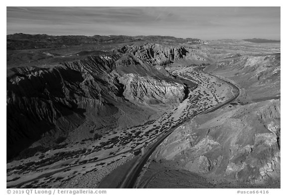 Aerial view of Afton Canyon. Mojave Trails National Monument, California, USA (black and white)