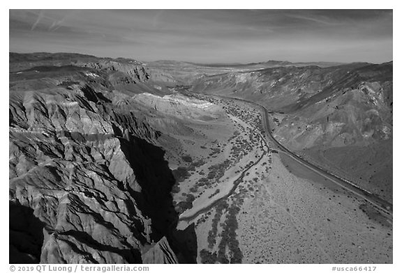 Aerial view of cliffs and Afton Canyon. Mojave Trails National Monument, California, USA (black and white)