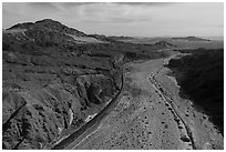 Aerial view of Afton Canyon, railroad, and Mojave River. Mojave Trails National Monument, California, USA ( black and white)