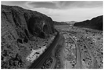 Aerial view of Afton Canyon, rail tracks and roads. Mojave Trails National Monument, California, USA ( black and white)