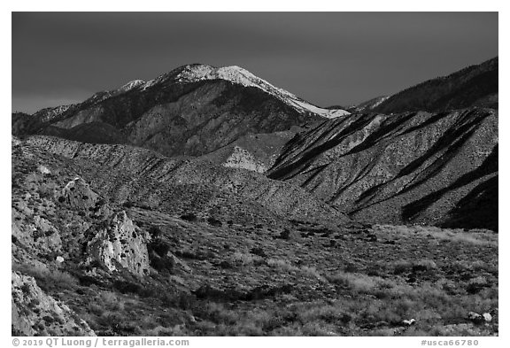 San Giorgono Mountains from Mission Creek valley. Sand to Snow National Monument, California, USA (black and white)