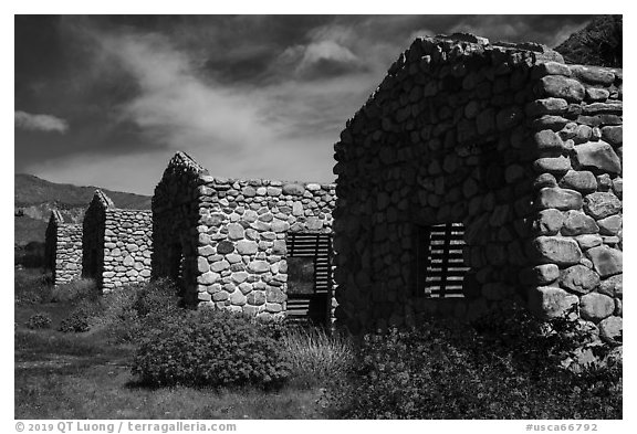Ruined stone cabins. Sand to Snow National Monument, California, USA (black and white)