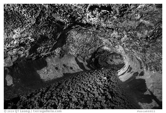 Lava tube with lumpy lava floor, Golden Dome Cave. Lava Beds National Monument, California, USA (black and white)