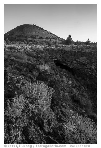 Wildflowers, Big Painted Cave entrance and Schonchin Butte. Lava Beds National Monument, California, USA (black and white)