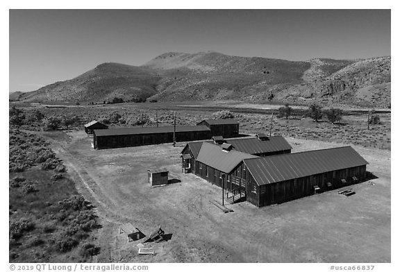 Aerial view of Camp Tulelake, Tule Lake National Monument. California, USA (black and white)