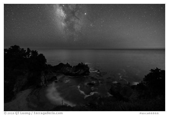 McWay Cove at night with Milky Way, Julia Pfeiffer Burns State Park. Big Sur, California, USA (black and white)