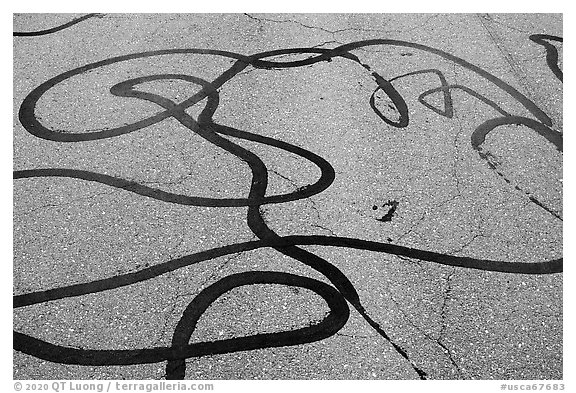 Asphalt marks, route 66. Mojave Trails National Monument, California, USA (black and white)