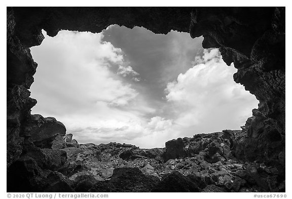 Sky from opening of lava tube cave, Pisgah lava field. Mojave Trails National Monument, California, USA