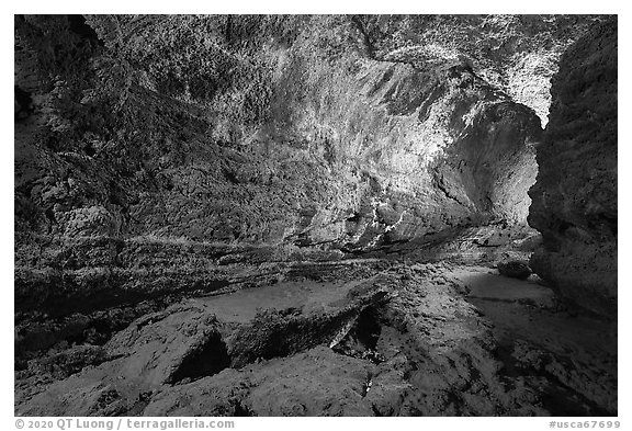 Inside lava tube, Lavic Lake volcanic field. Mojave Trails National Monument, California, USA (black and white)