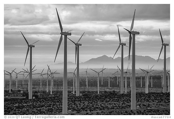 Wind turbines above Coachella Valley at sunrise. California, USA
