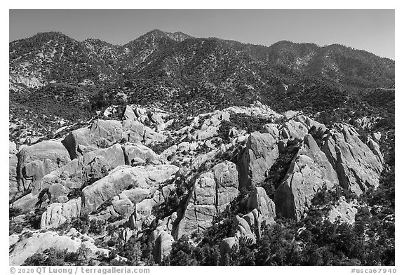 Aerial view of Devils Punchbowl Natural Area. San Gabriel Mountains National Monument, California, USA (black and white)