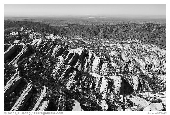 Aerial view of Devils Punchbowl tilted sandstone formation. San Gabriel Mountains National Monument, California, USA (black and white)